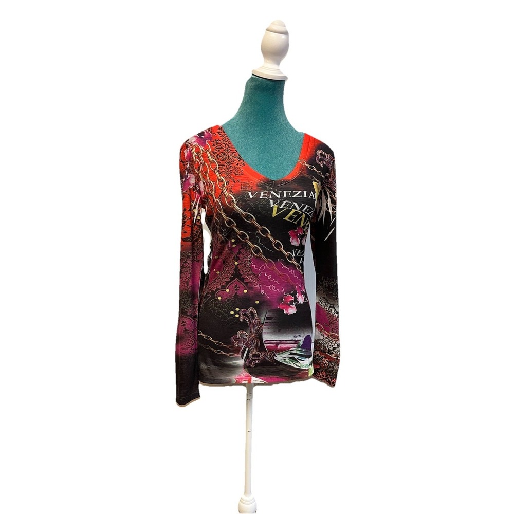 Vintage Cache Venezia Y2K‎ Mesh Top Chain Print Long Sleeve Goth Women's S